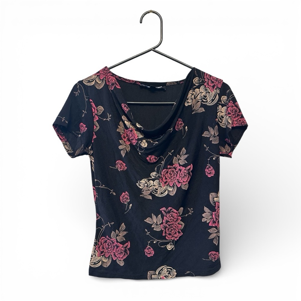 Vintage Y2K Era Briggs New York Black & Red Floral Blouse Small Petite